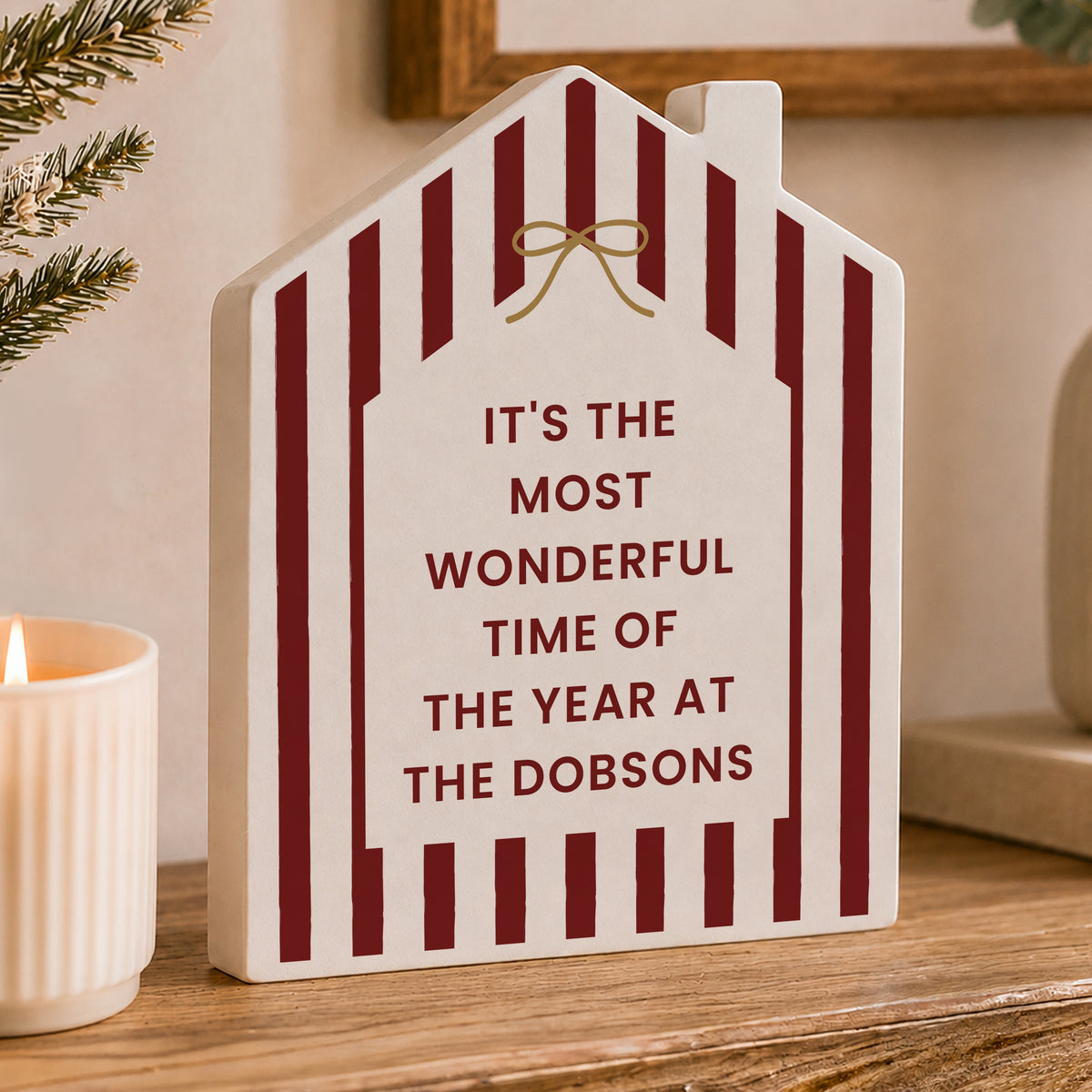 Personalised Candy Cane Stripe Wooden House Ornament