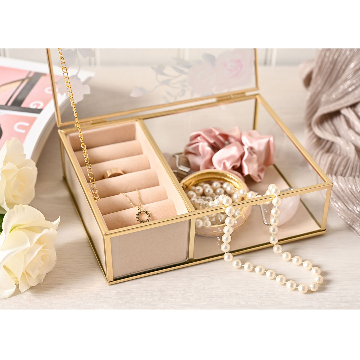 Sophia Classic Floral Glass Jewellery Box - Large