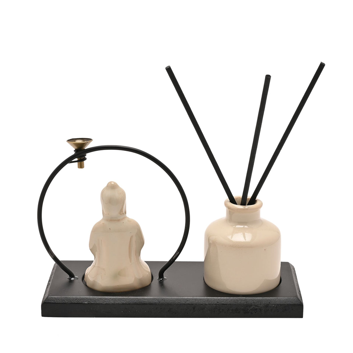 Serenity Buddha Incense & Diffuser Holder Gift Set - Cream with Black Base