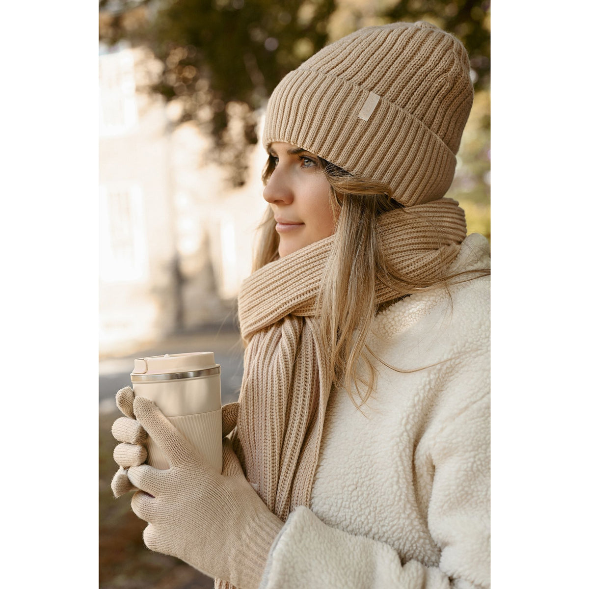 Sophia Layers Cosy Knit Hat Glove & Scarf Gift Set - Nude