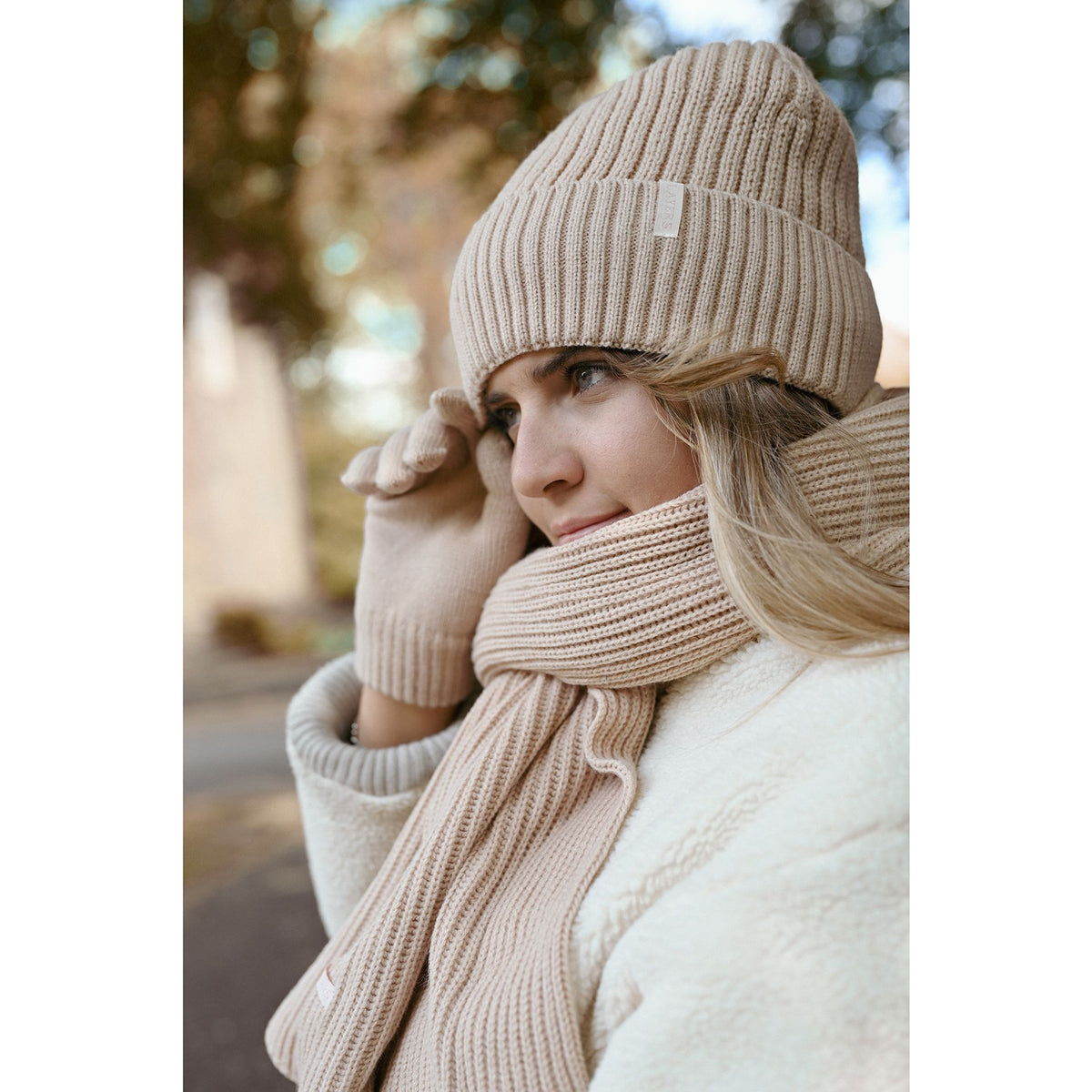 Sophia Layers Cosy Knit Hat Glove & Scarf Gift Set - Nude