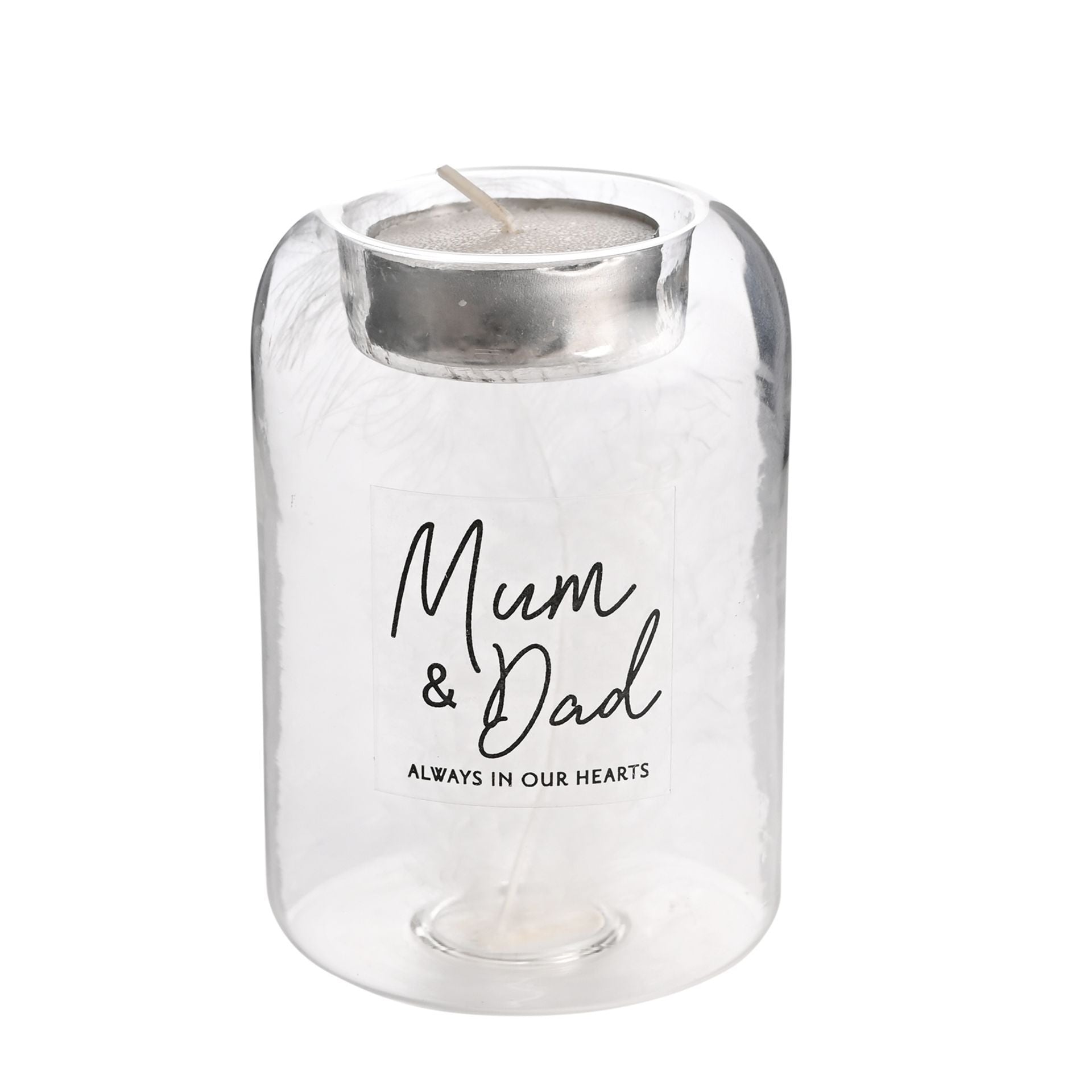 Thoughts of You Feather Glass Tea Light Holder - Mum & Dad