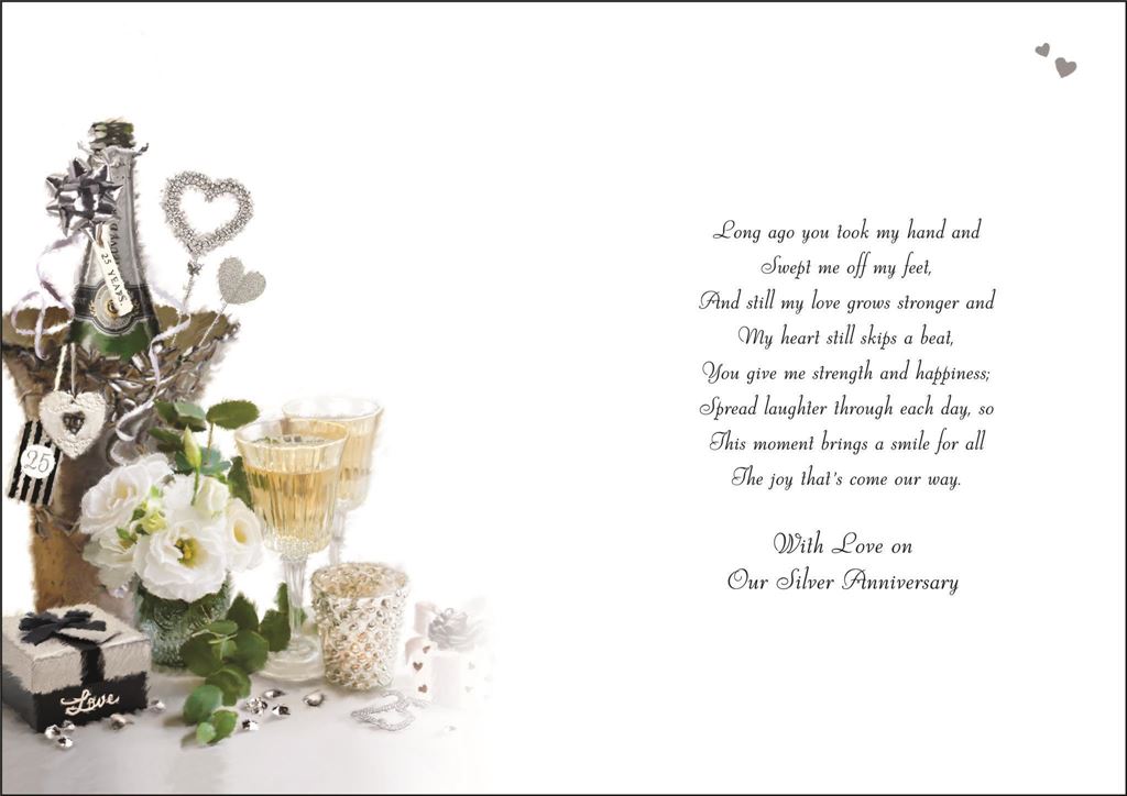 Husband's 25th Wedding Anniversary Card - Bouquet, Champagne and Gifts