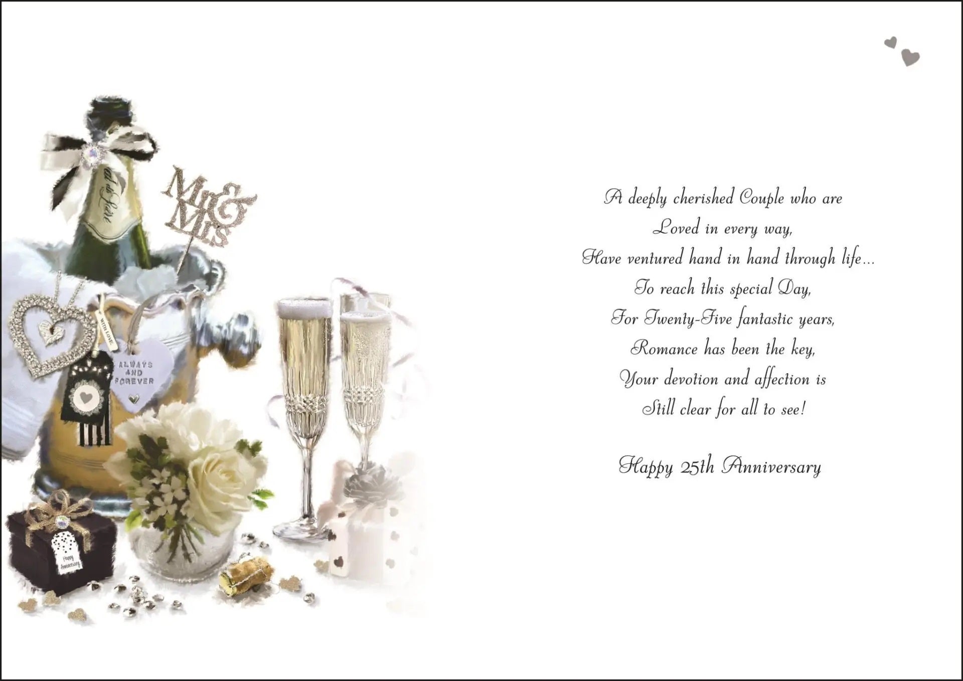 Son & Daughter-In-Law 25th Anniversary Card - Champagne, Gifts, And Flowers