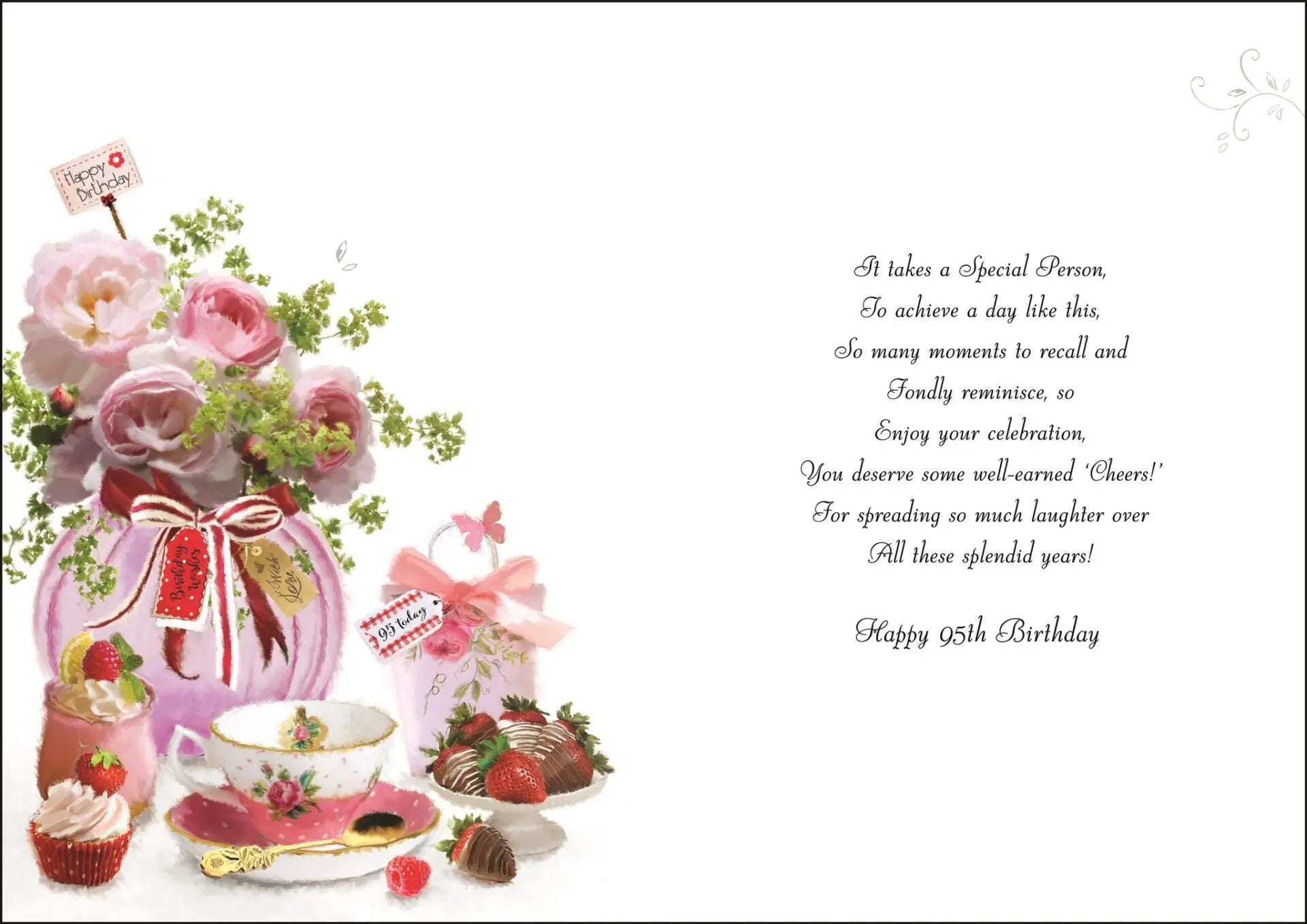 95th Birthday Card - Tea Time With Posh Cup Cakes And Flowers