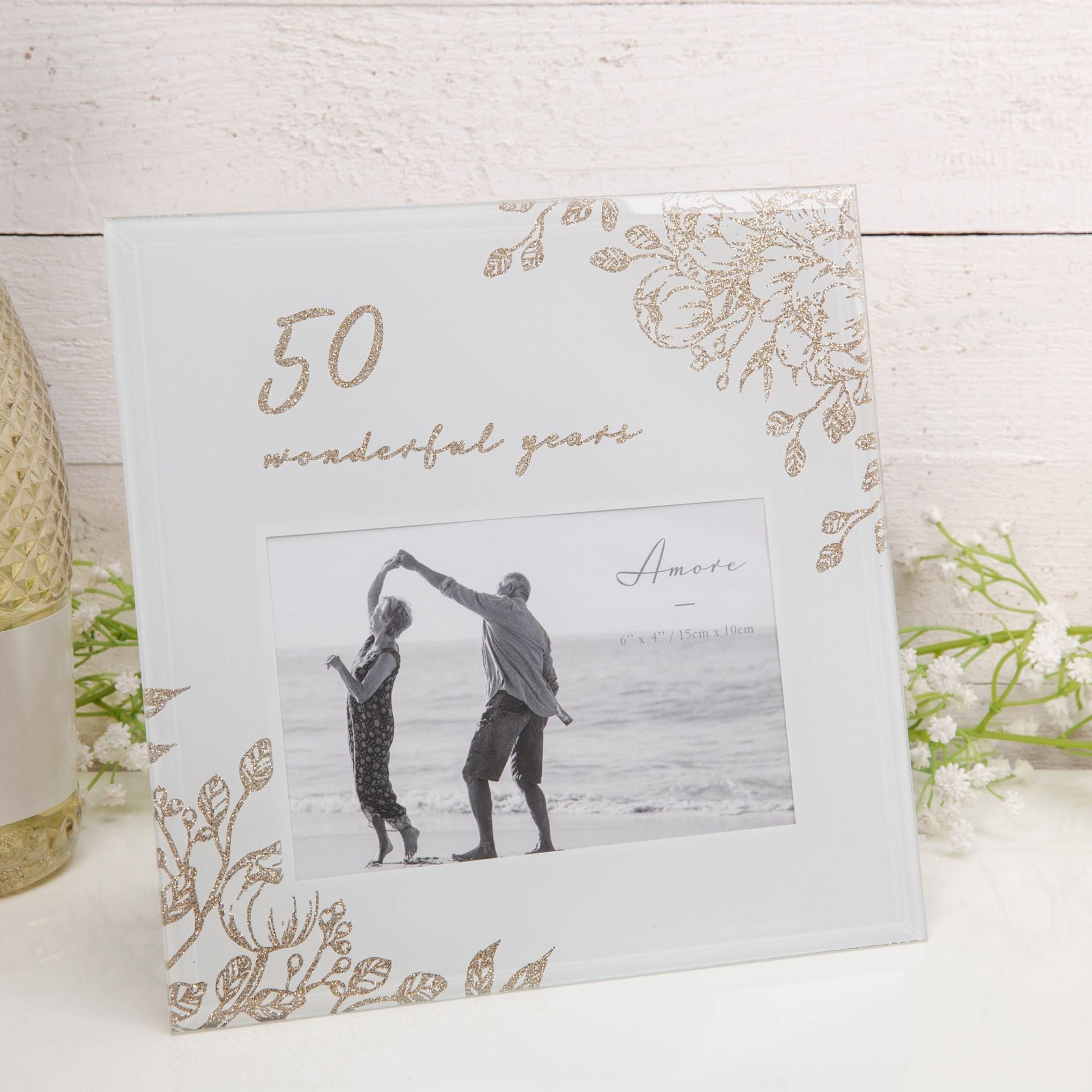50 Wonderful Years Pale Grey Glass Gold Floral Frame 6" x 4"