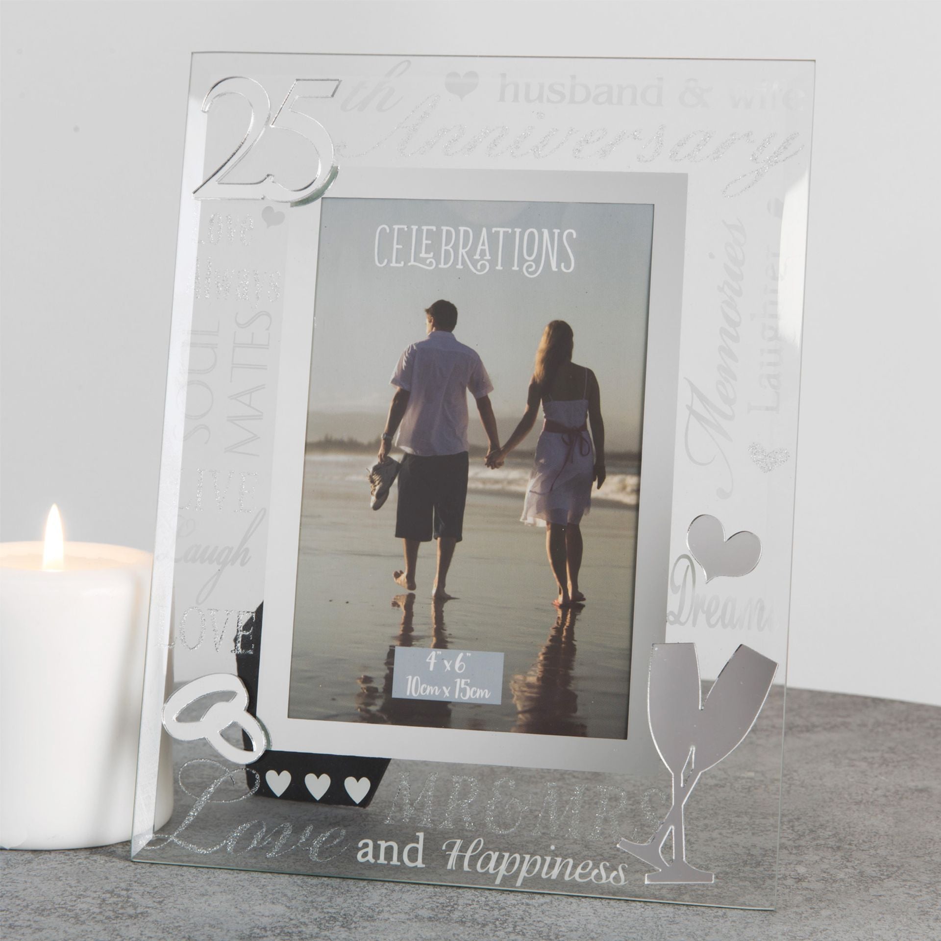 25th Wedding Anniversary Photo Frame - 4″ x 6″ – Mirror Glass & Glitter Frame