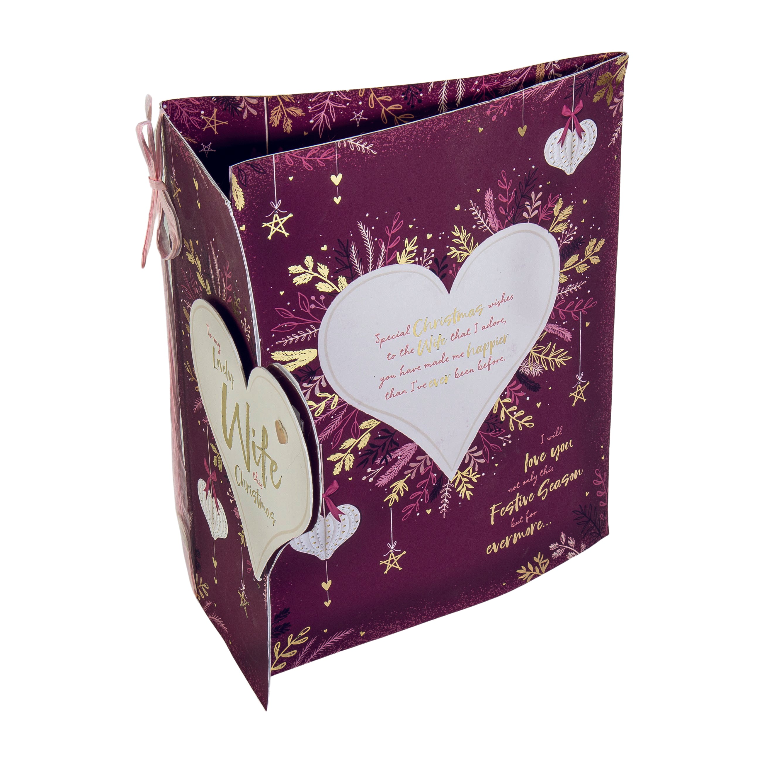 Wife Christmas Card - Paper Hanging Heart Baubles