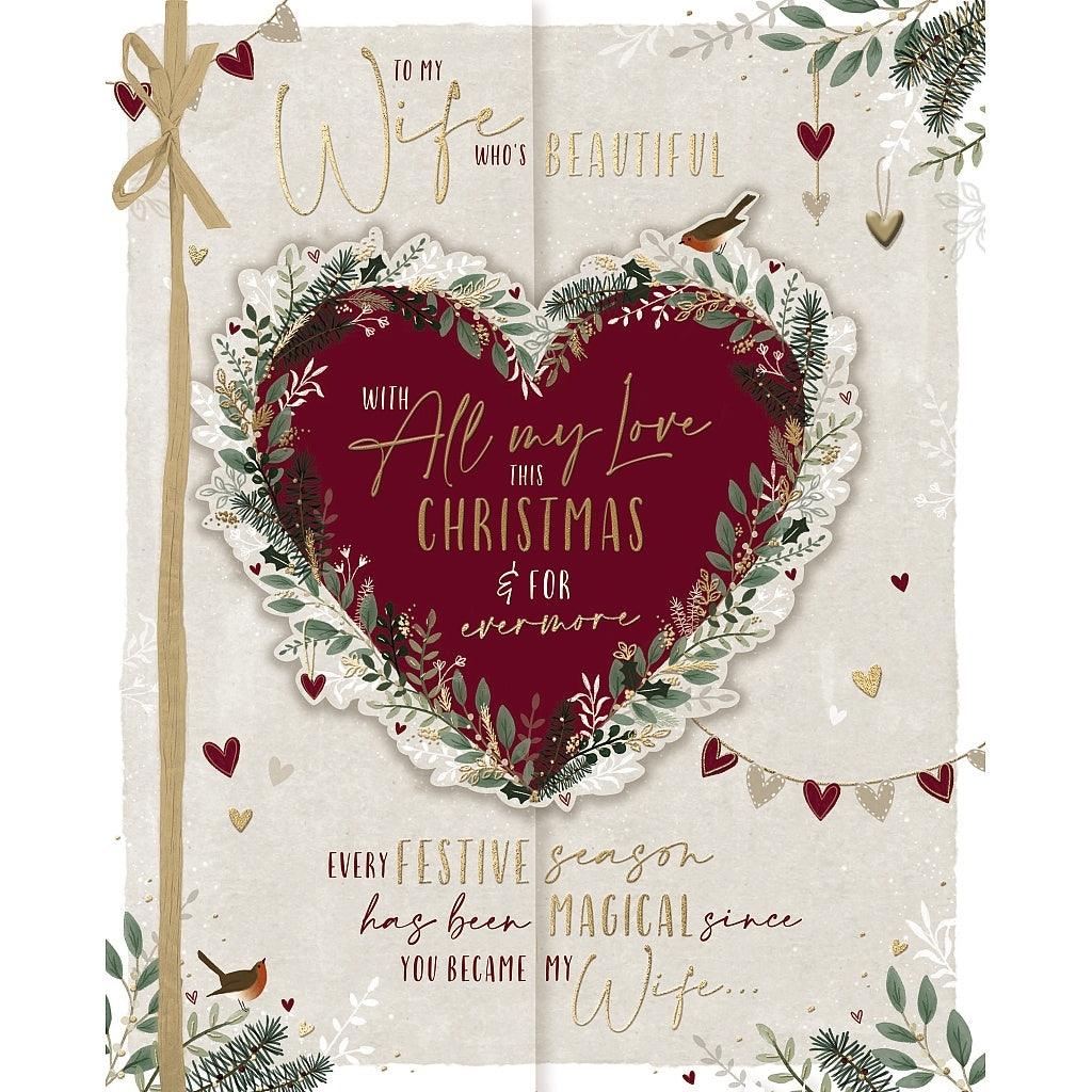 Wife Heart With Robins Boxed Handmade Christmas Card