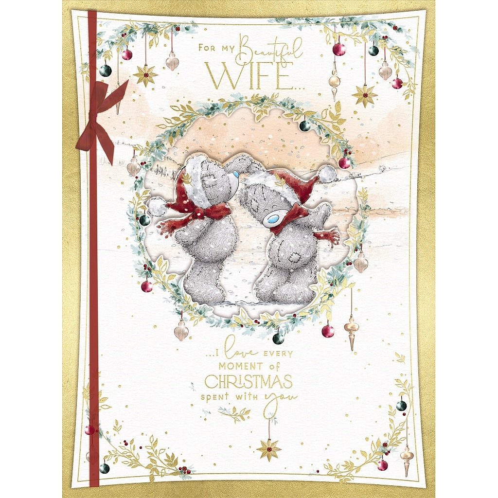 Wife Christmas Card- Bears Dancin In Snow Boxed Handmade Christmas Card