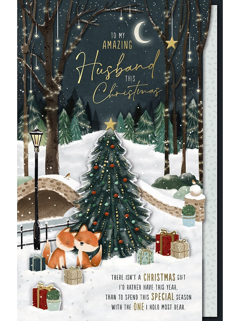 Husband Christmas Card - Foxes By Christmas Tree