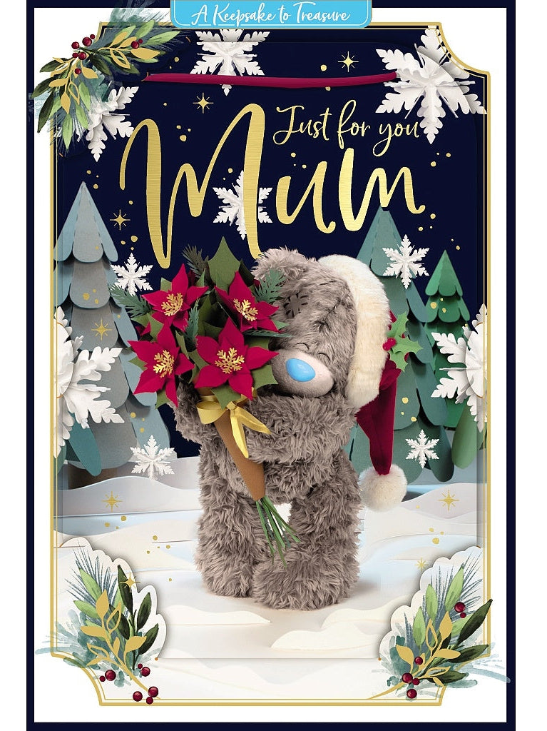 Mum Christmas Card - Bear Holding Poinsettia Bouquet