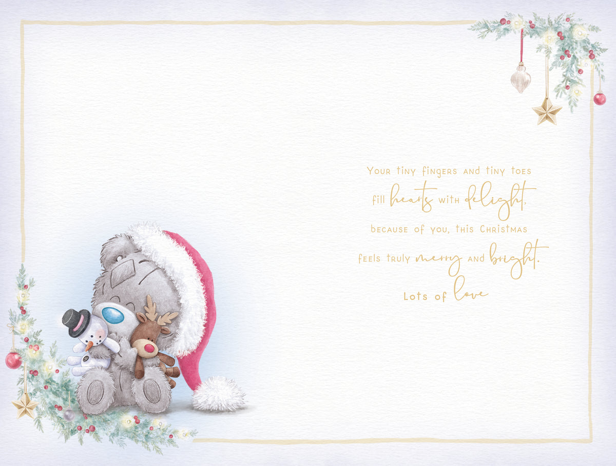 Baby Boy First Christmas Card - Bear In Reindeer Outfit By Tree