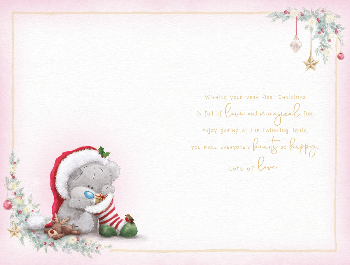 Baby Girl First Christmas Card - Bear With Snowman And Reindeer Toy