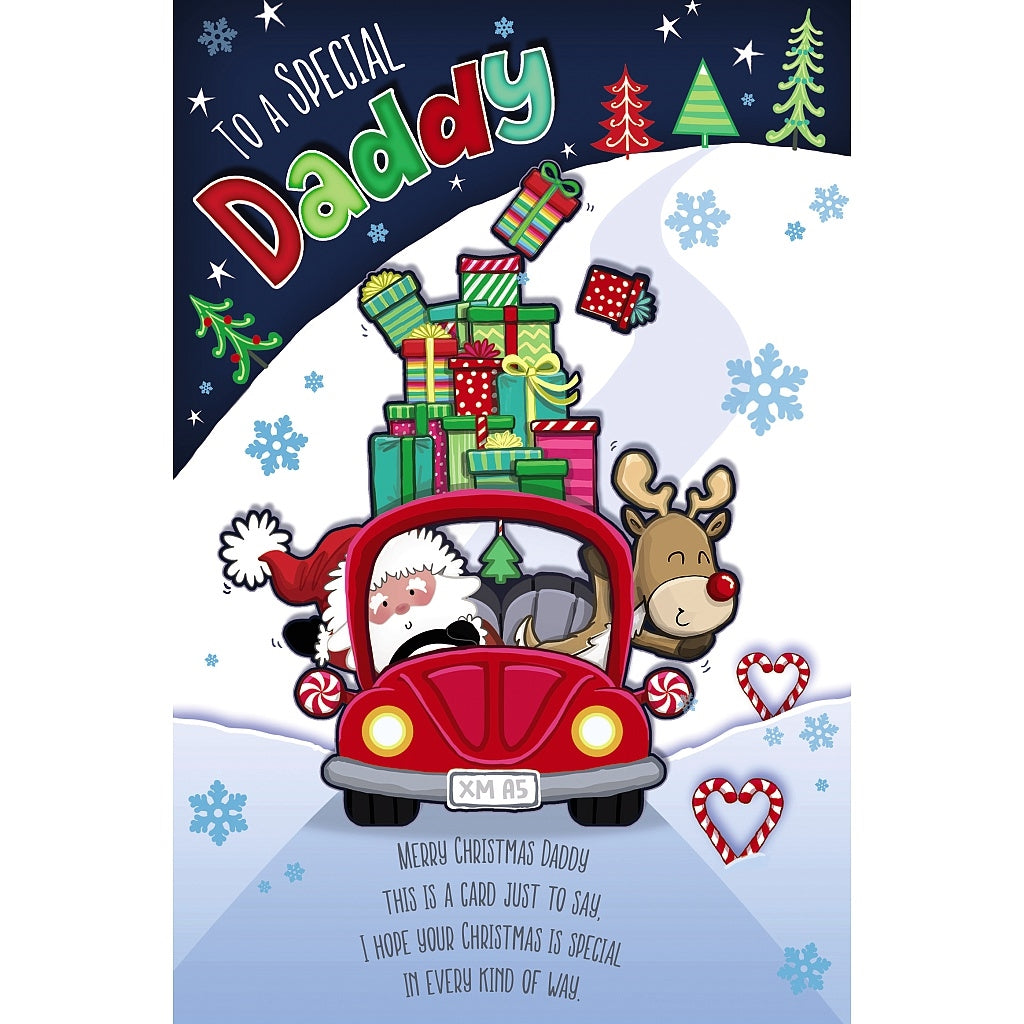 Daddy Christmas Card - Father Christmas And Reindeer In Car