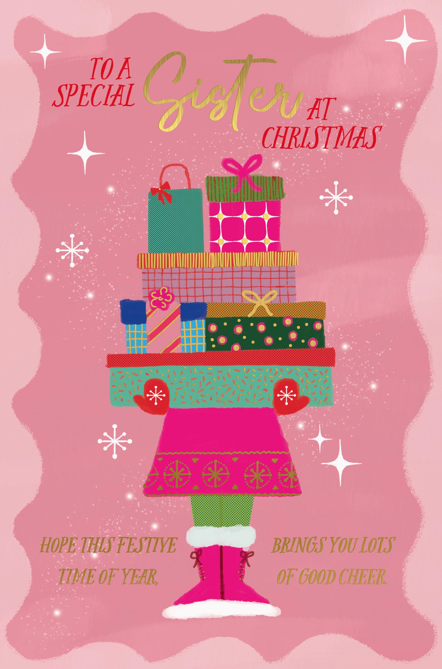 Sister Christmas Card - Woman Carrying Gifts