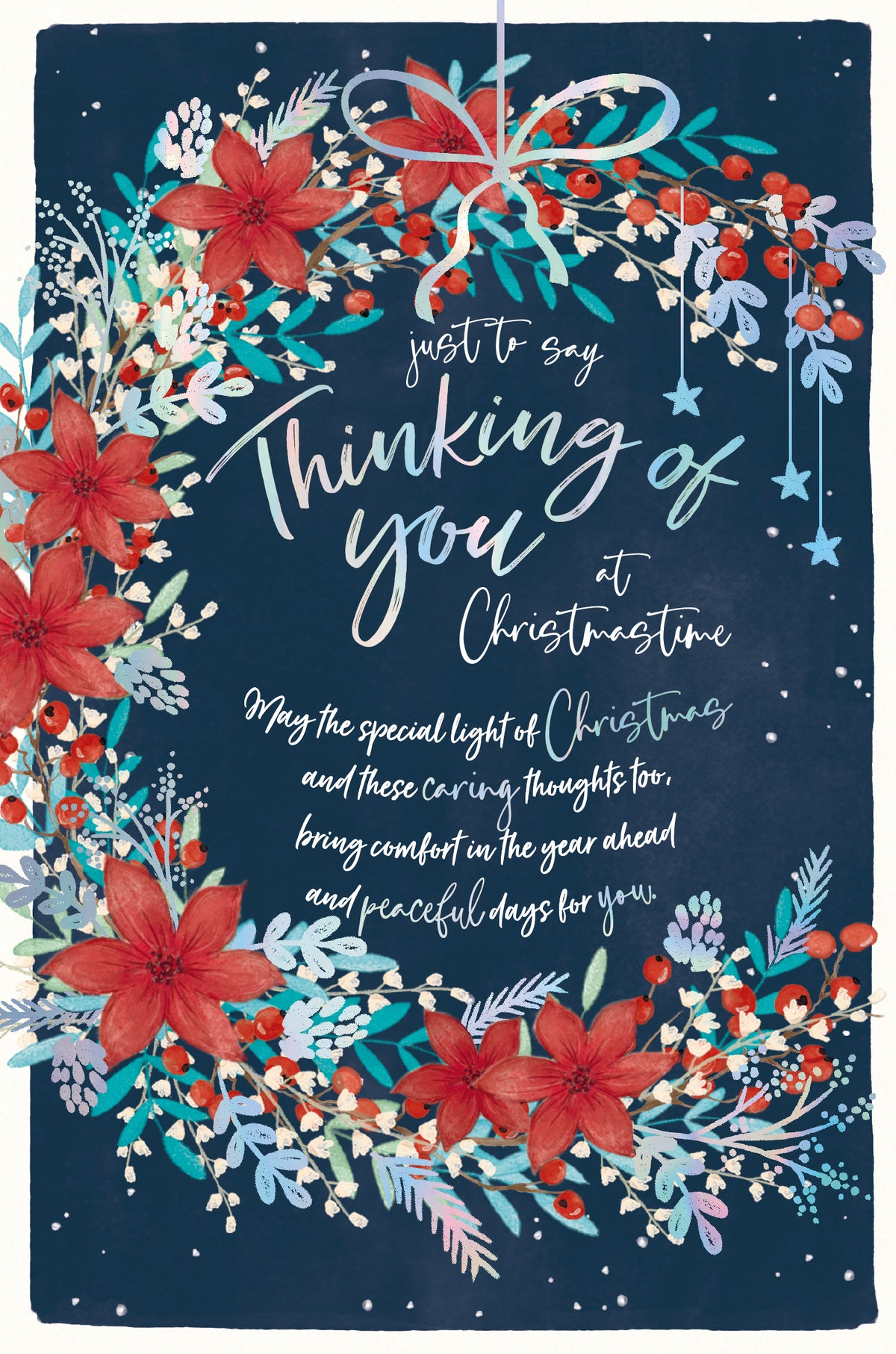 Thinking Of You at Christmas Card - Poinsettias And Foliage