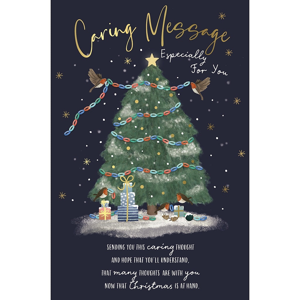Caring Message Christmas Card - Robins By Xmas Tree