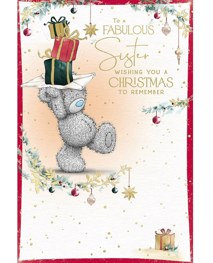Sister Christmas Card - Bear With Stack Of Presents Above Head