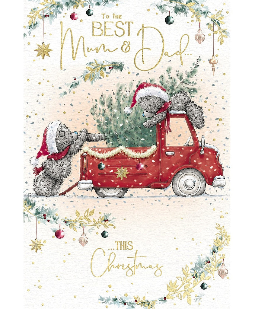 Mum and Dad Christmas Card - Bears Loading Tree Into Car