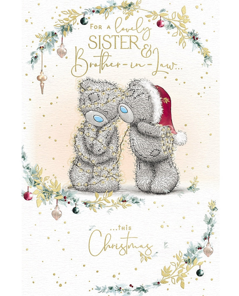 Sister and Brother-In-Law Christmas Card - Bear Wrapped Up In Fairy Lights