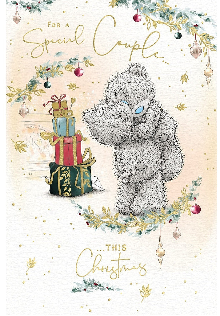 Special Couple Christmas Card - Bears Embracing By Stack Of Gifts