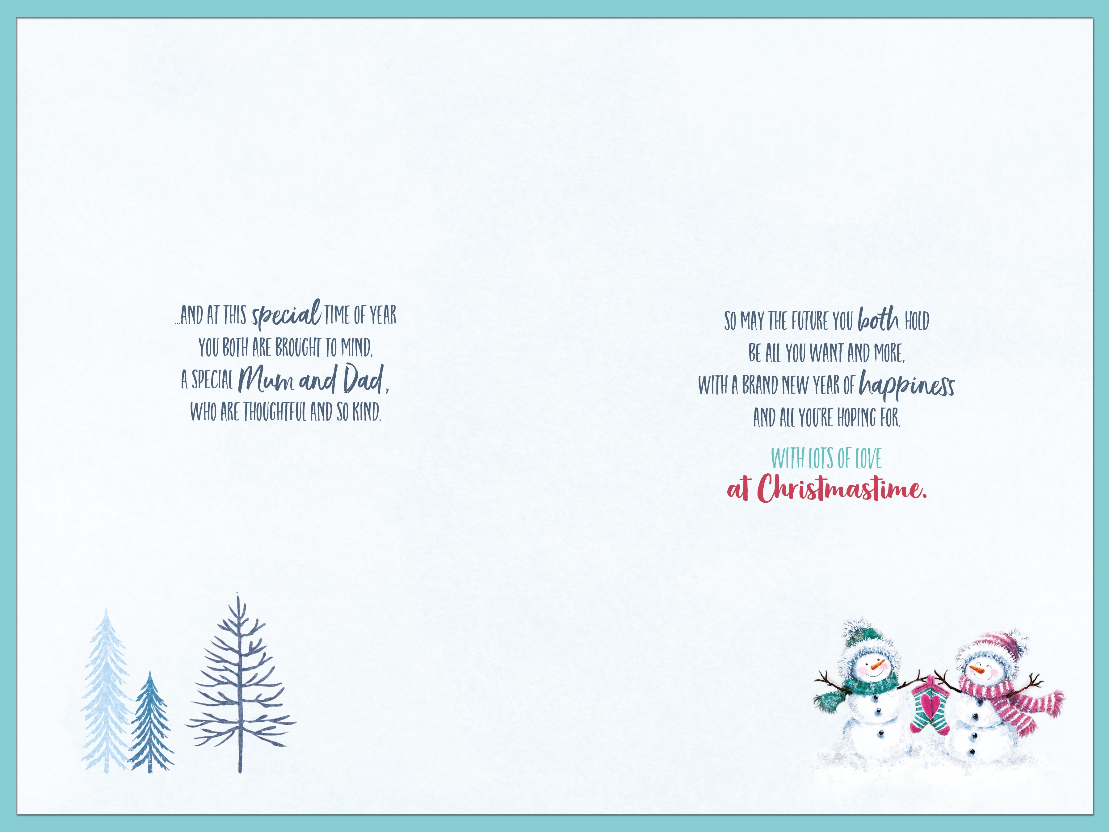 Mum And Dad Christmas Card - Snow Couple And Stockings