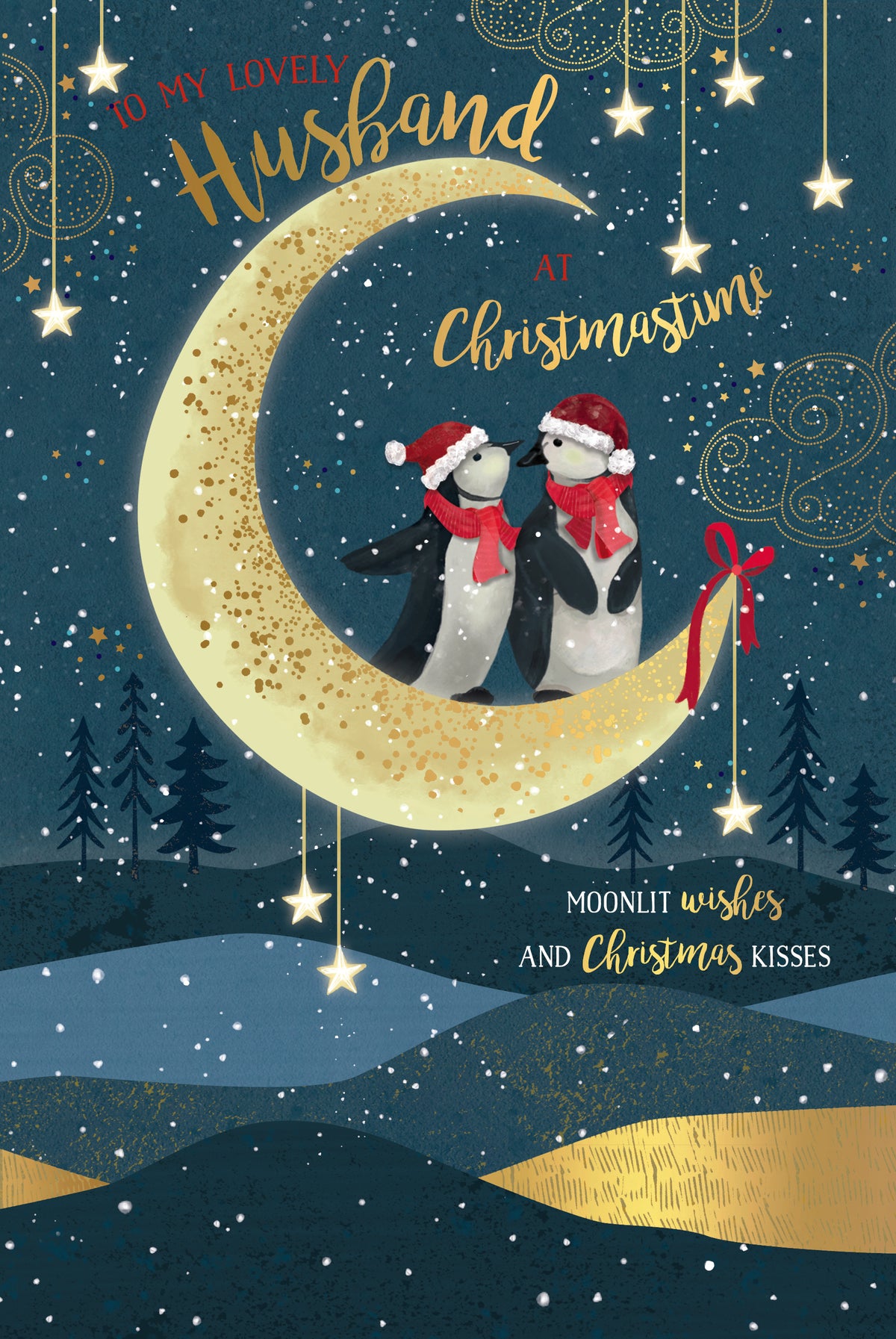 Husband Christmas Card - Penguins Stood On Moon