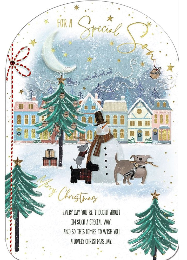 Son Christmas Card - Dogs With A Snowman