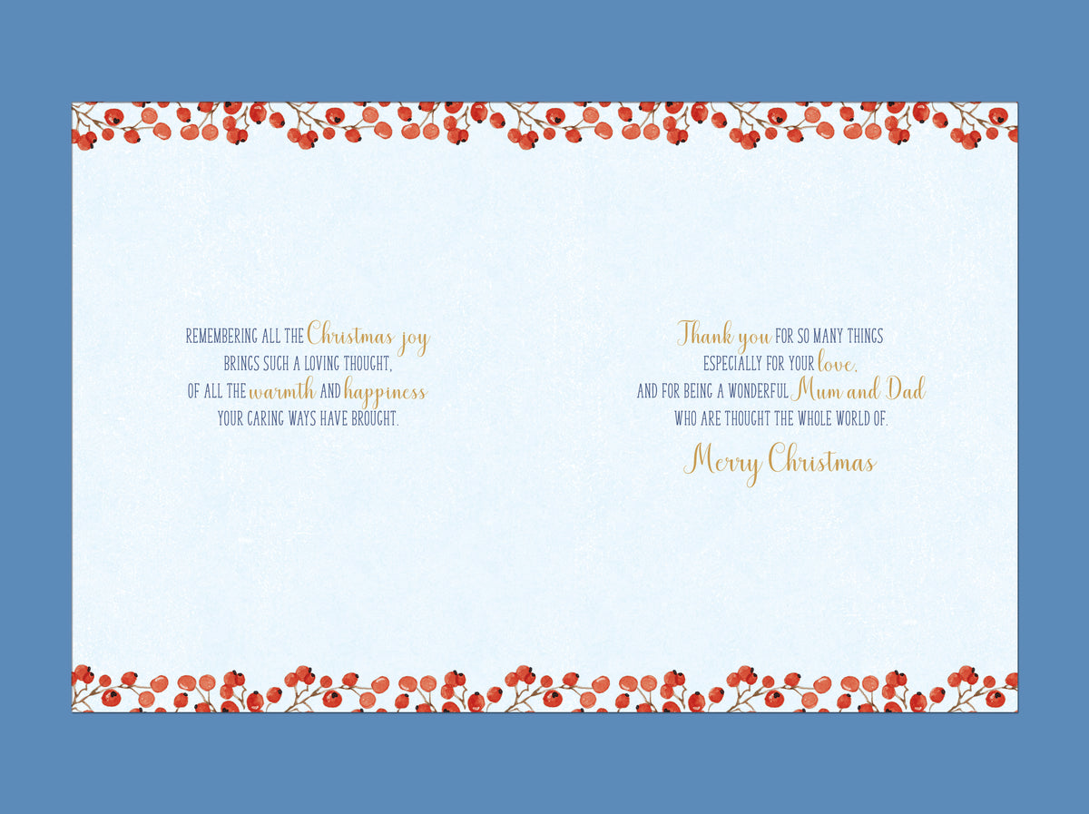 Mum And Dad Christmas Card - Robin Family With Present