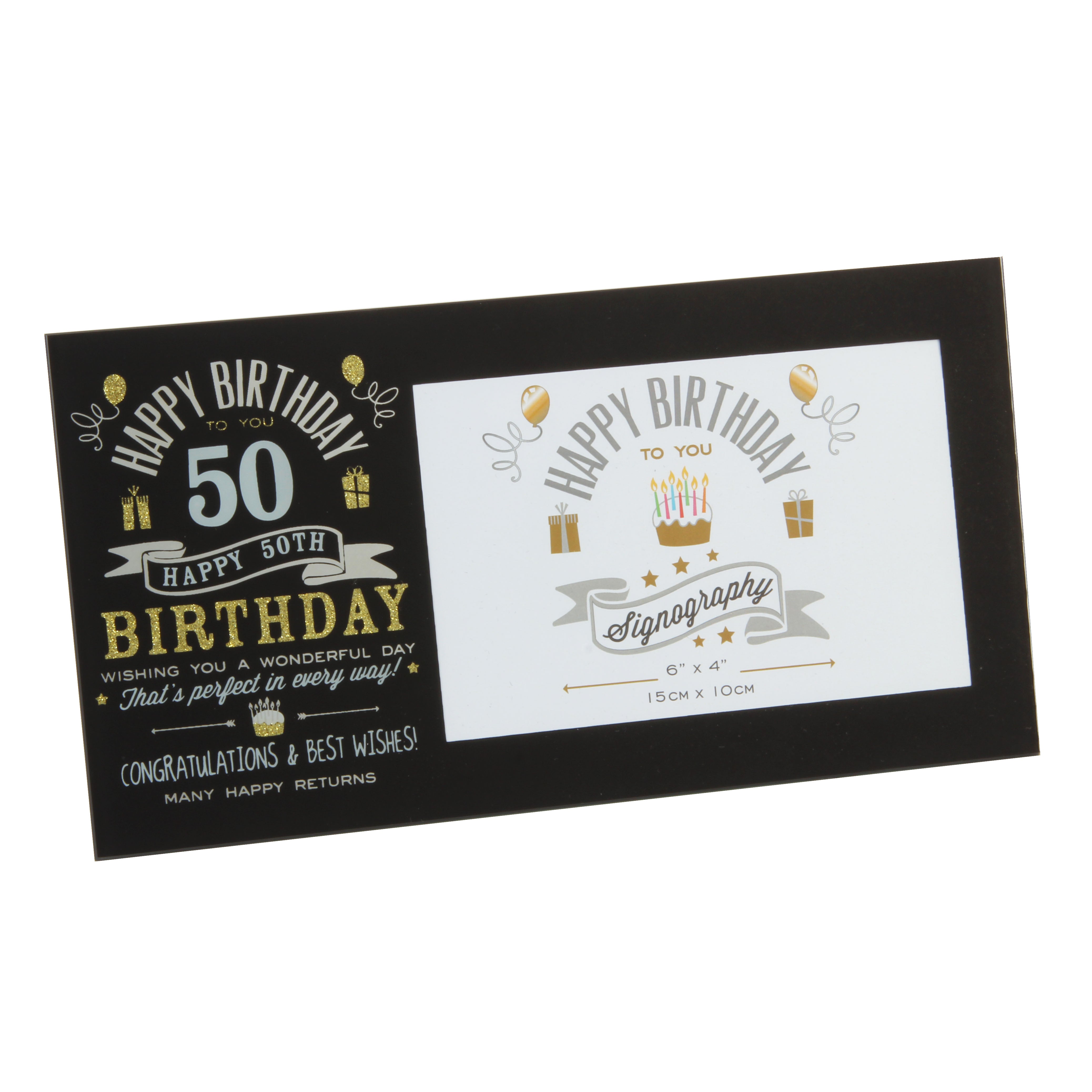 50th Birthday Glass Frame - Black & Gold - 6"x 4" Photo Aperture