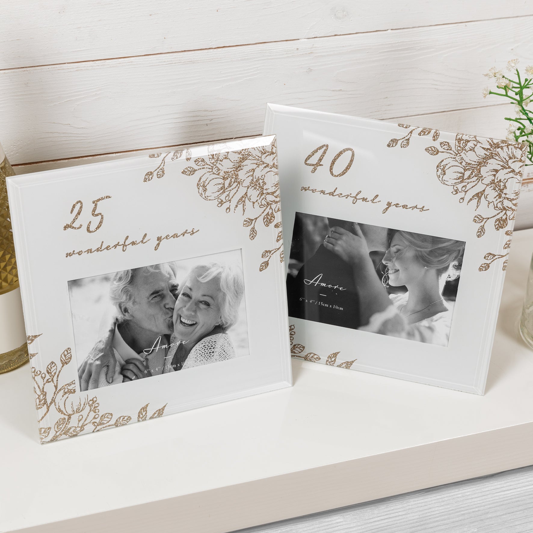 40th Anniversary Photo Frame - 6" x 4" Aperture - Pale Grey Glass Gold Floral