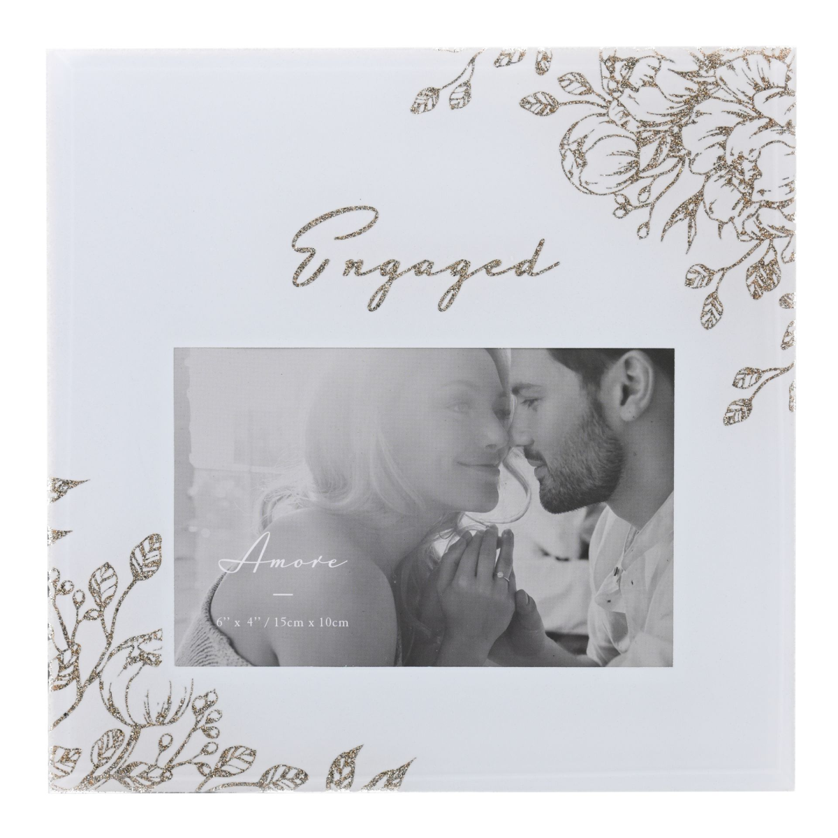 'Engaged' Pale Grey Glass Gold Floral Frame 6" x 4"