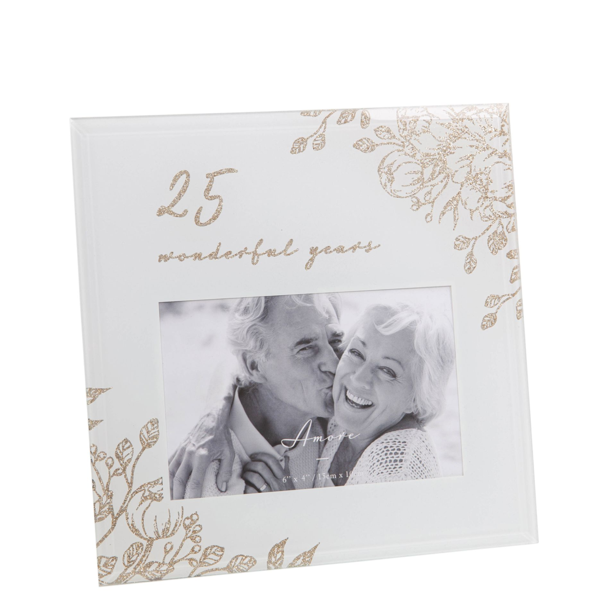 25 Wonderful Years Pale Grey Glass Gold Floral Frame 6" x 4"