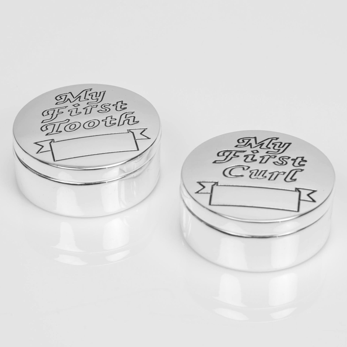 Silverplated First Tooth & First Curl Boxes boxed as pair