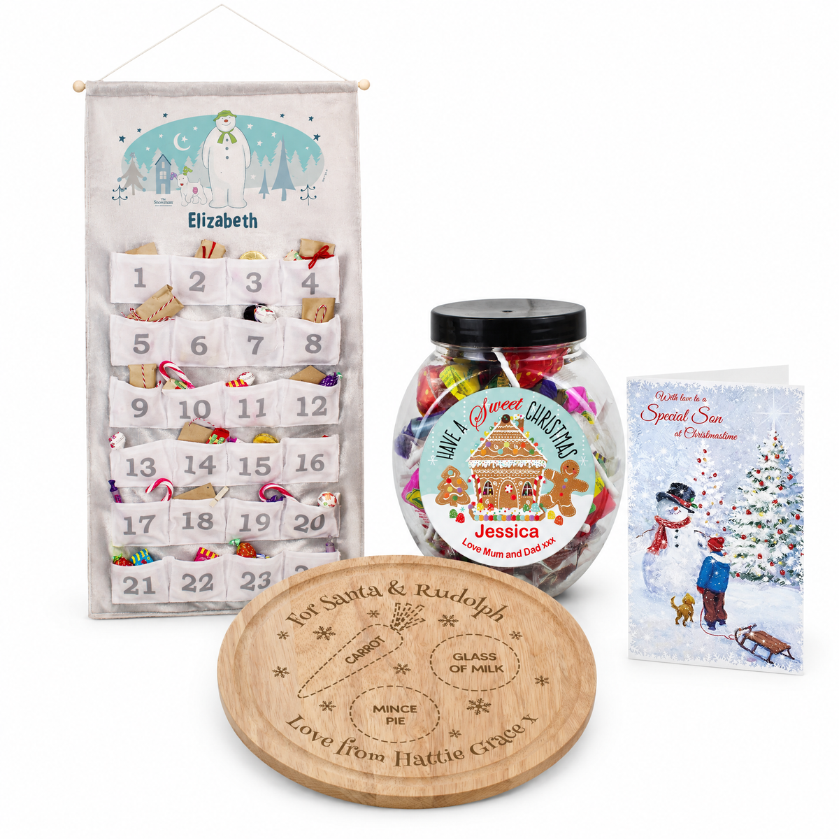 Personalised Christmas Eve Set — Advent Calendar, Mince Pie Board & Sweet Jar