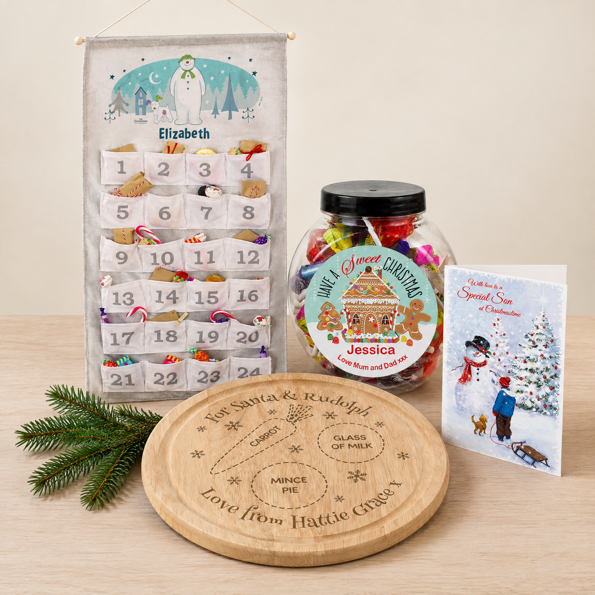 Personalised Christmas Eve Set — Advent Calendar, Mince Pie Board & Sweet Jar