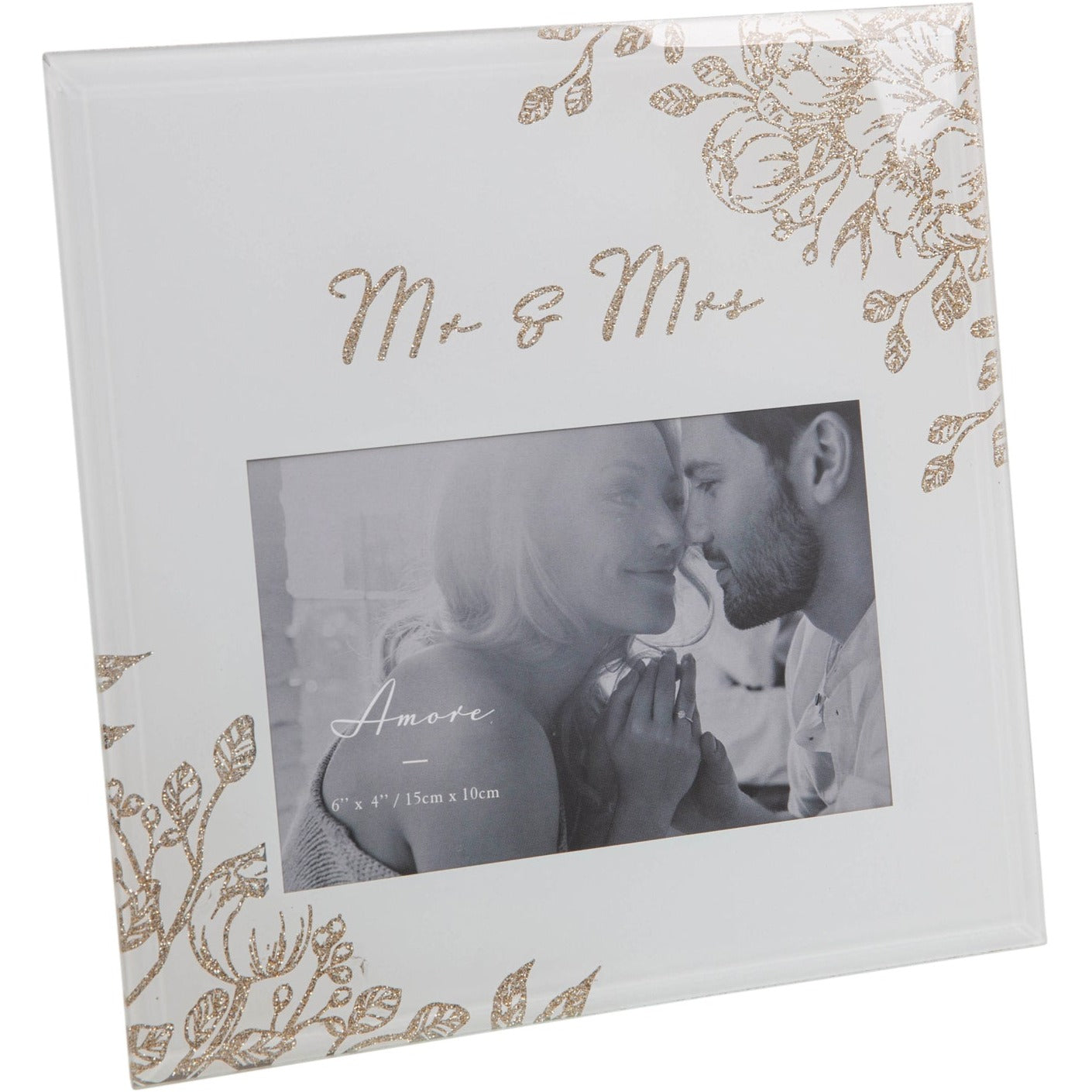'Mr & Mrs' Pale Grey Glass Gold Floral Frame - 4" x 6" Photo Aperture