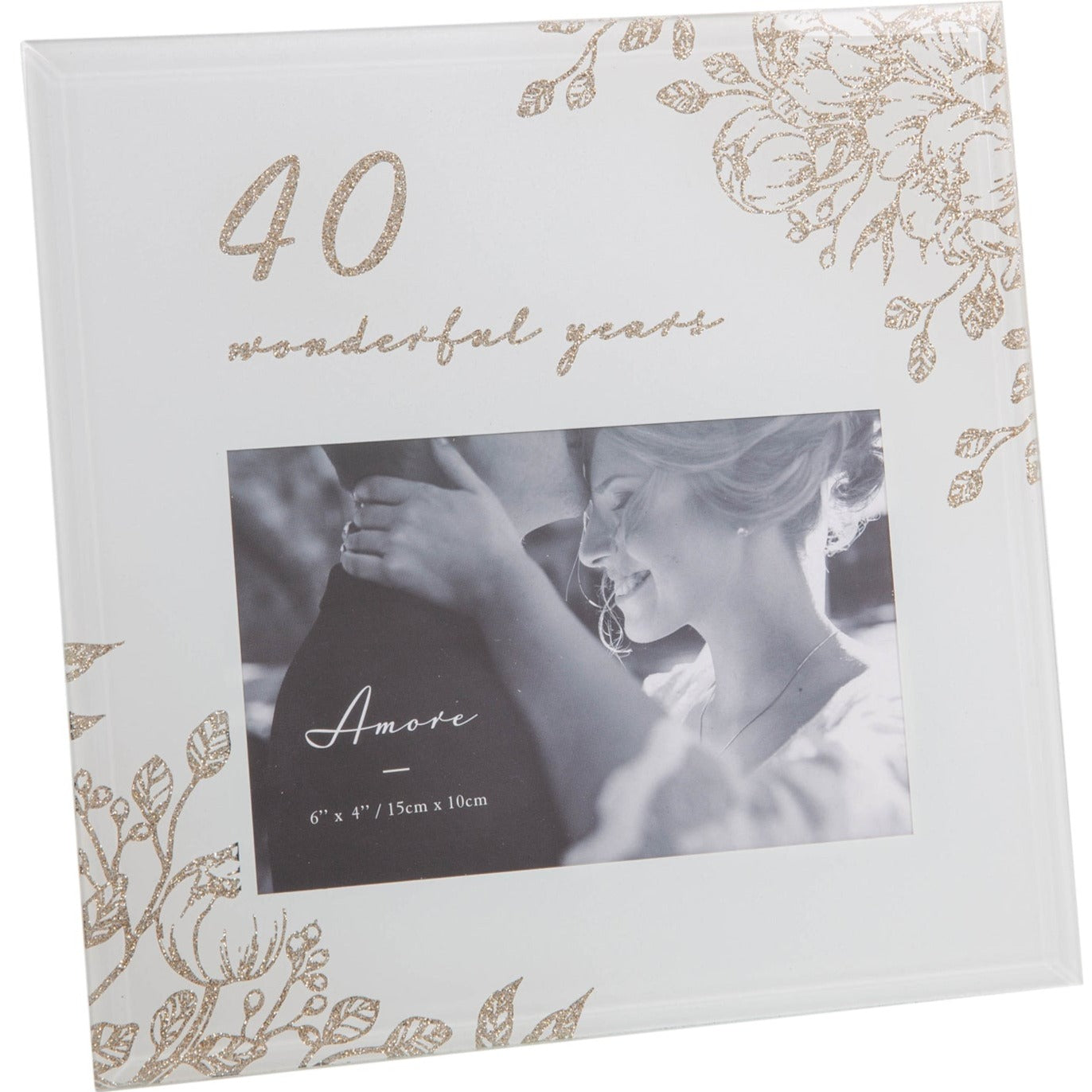 40th Wedding Anniversary Photo Frame - 6" x 4" Aperture - Pale Off-White Glass Gold Floral