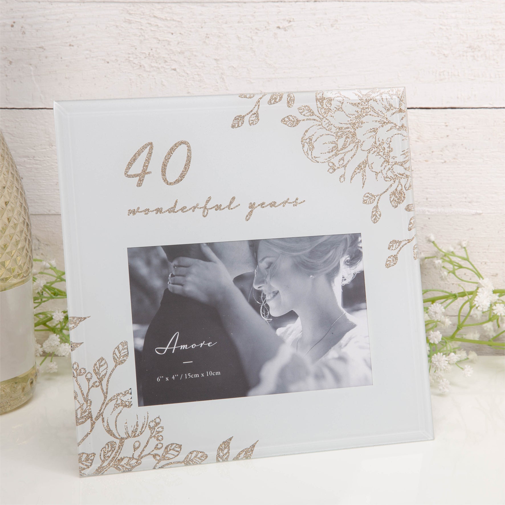 40th Wedding Anniversary Photo Frame - 6" x 4" Aperture - Pale Off-White Glass Gold Floral
