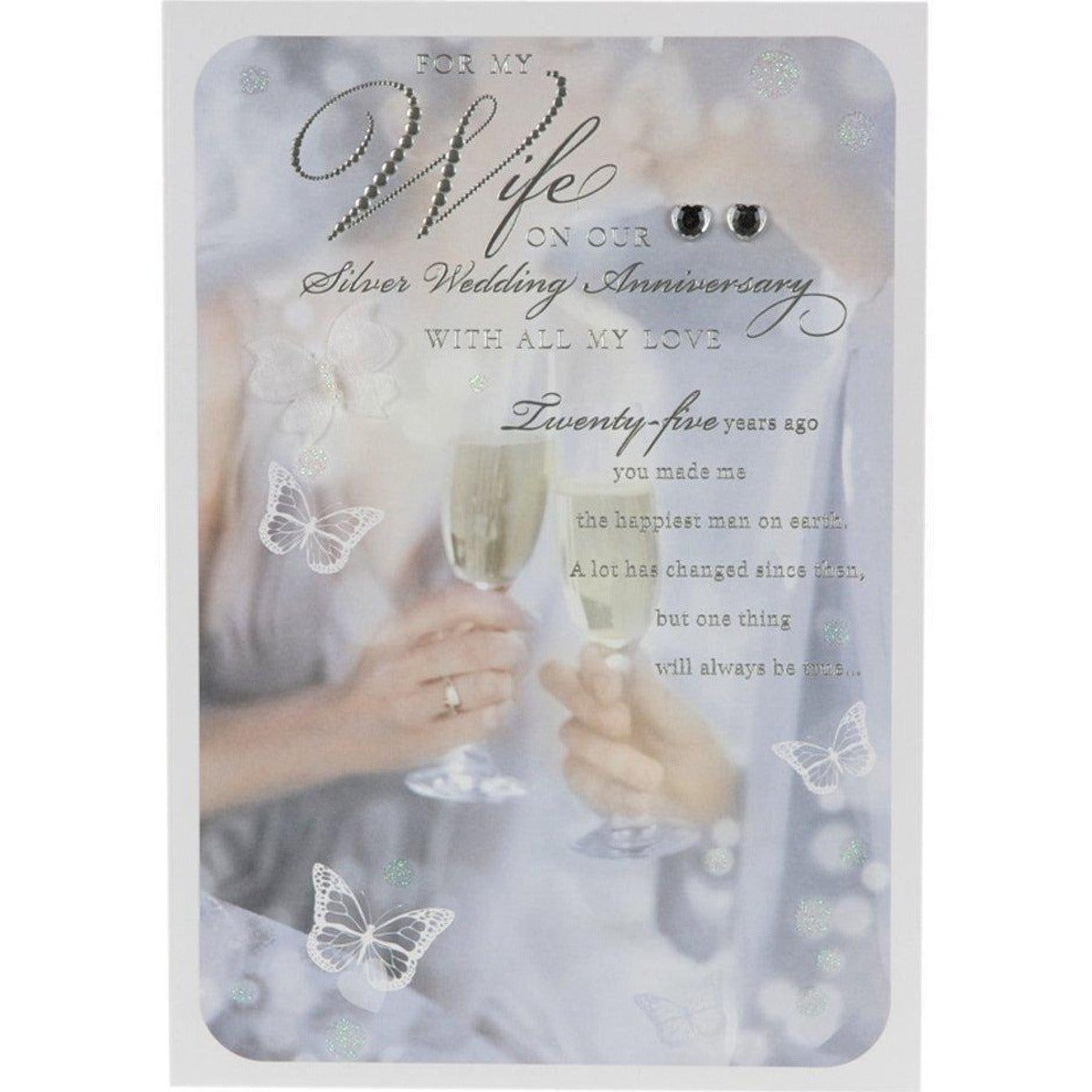Wife 25th Wedding Anniversary Card -  Champagne And Silver Hearts 