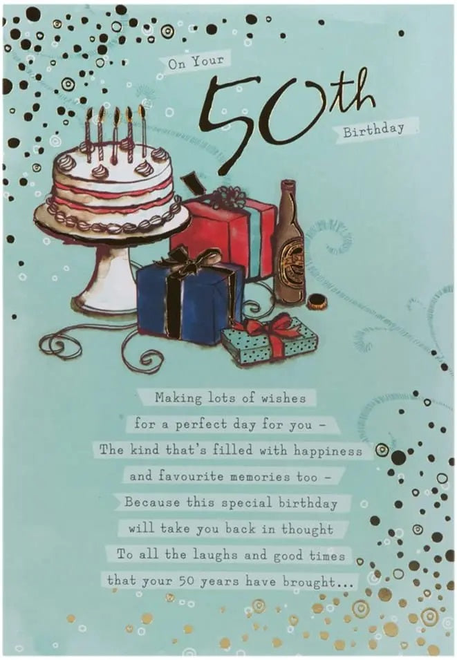 50th Birthday Card - Cakes And Presents In A Contemporary Setting
