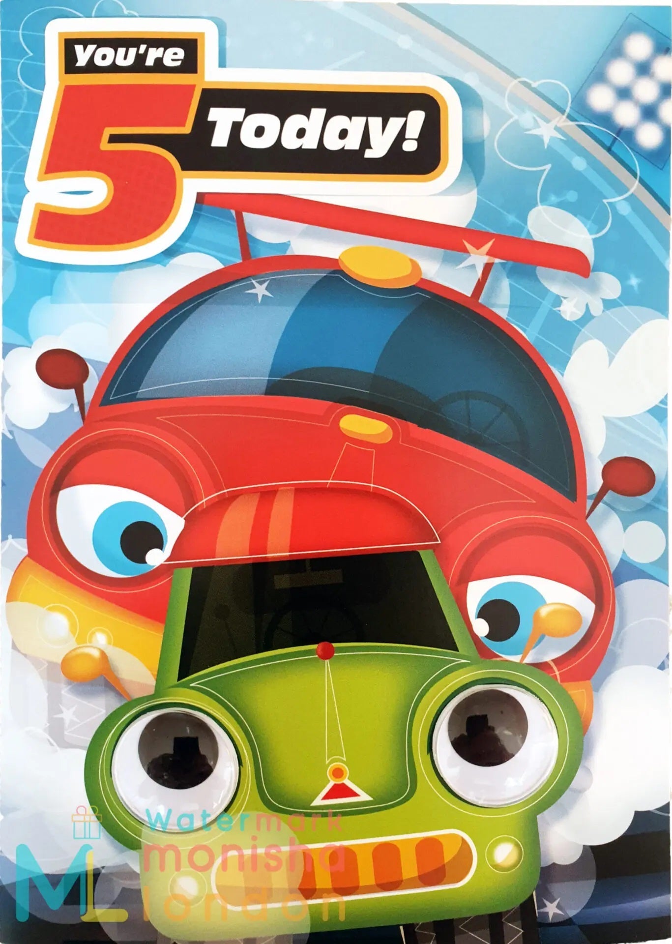 5th Birthday Card - Green Wobbly Eye Winning Car