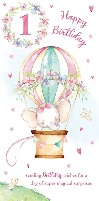 1st Birthday Card - Cute Elephant In A Hot Air Balloon