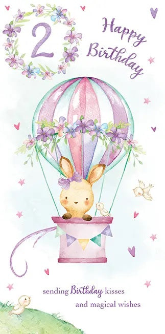 2nd Birthday Card - Cute Rabbit In A Hot Air Balloon