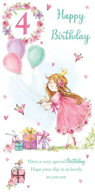4th Birthday Card - Beautiful Pink Mesh Floral Dressed Princess 
