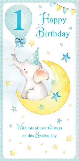 1st Birthday Card - Cute Elephant On The Moon