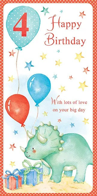4th Birthday Card - Party Time With Ceratopsia