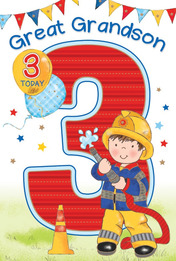Great-Grandson 3rd Birthday Card - Fireman To the Ready