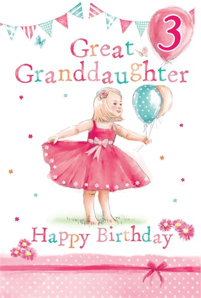 Great-Granddaughter 3rd Birthday Card -  Balloons and Bunting